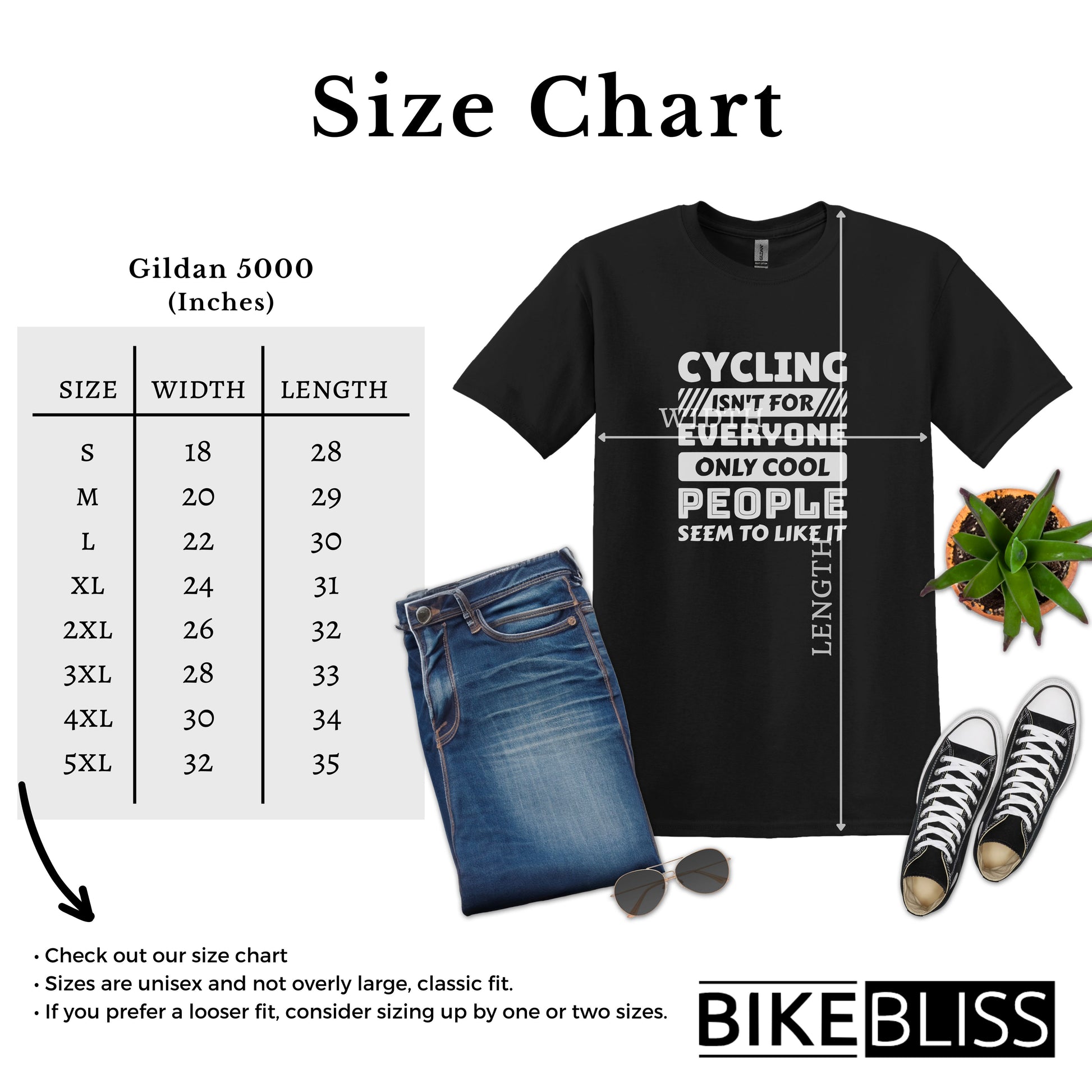 Bike Bliss Cycling isn't for everyone only Cool People seem to like it T-Shirt for Men Size Chart