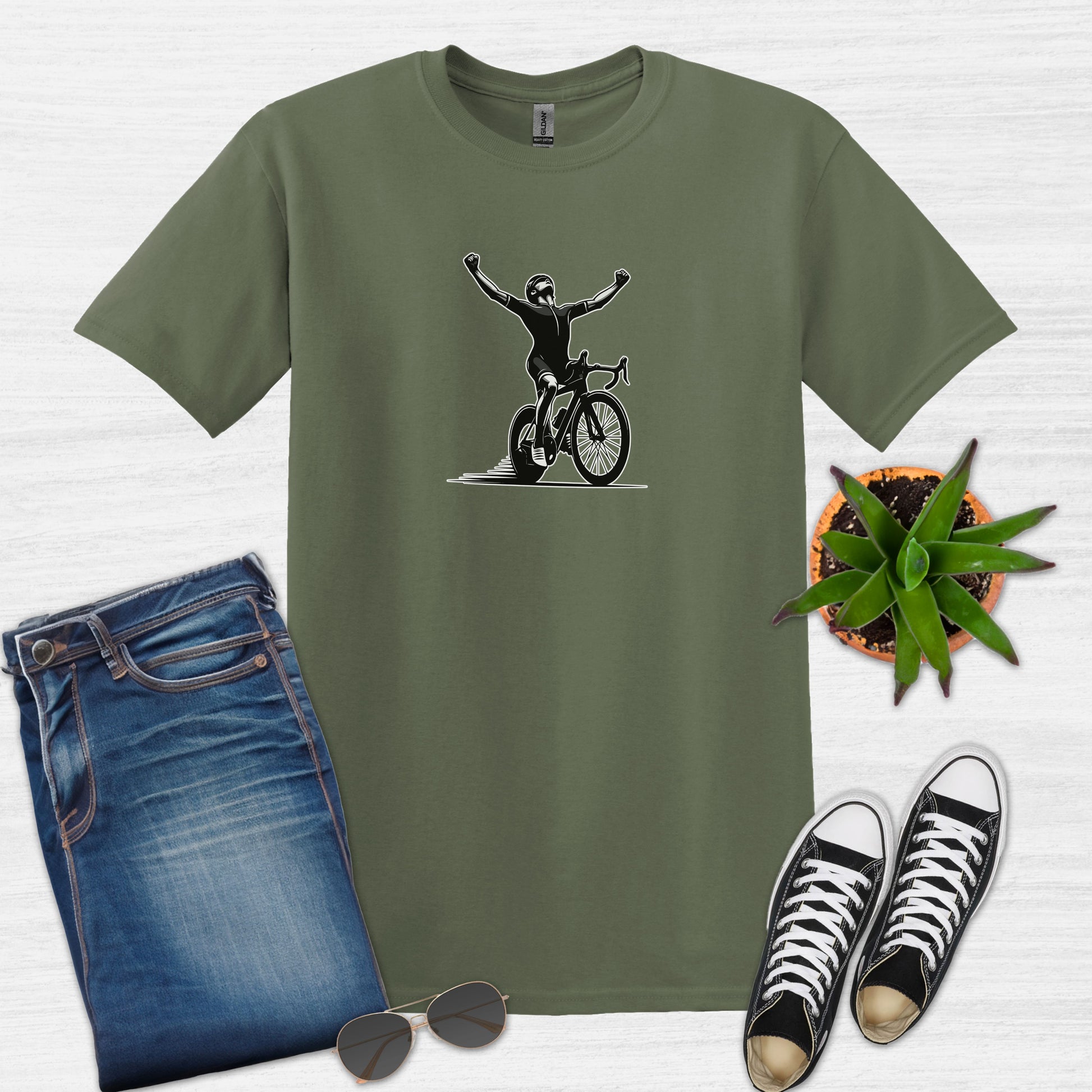 Bike Bliss Cyclist Victory Pose Bicycle T-Shirt for Men Military Green