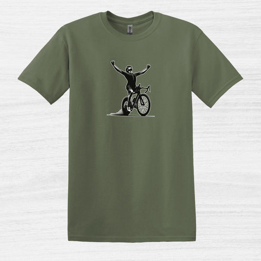 Bike Bliss Cyclist Victory Pose Bicycle T-Shirt for Men Military Green 2