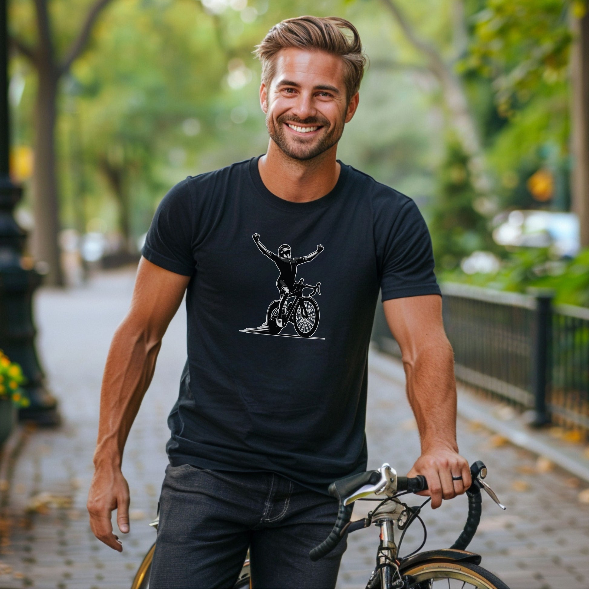 Bike Bliss Cyclist Victory Pose Bicycle T-Shirt for Men Model 2