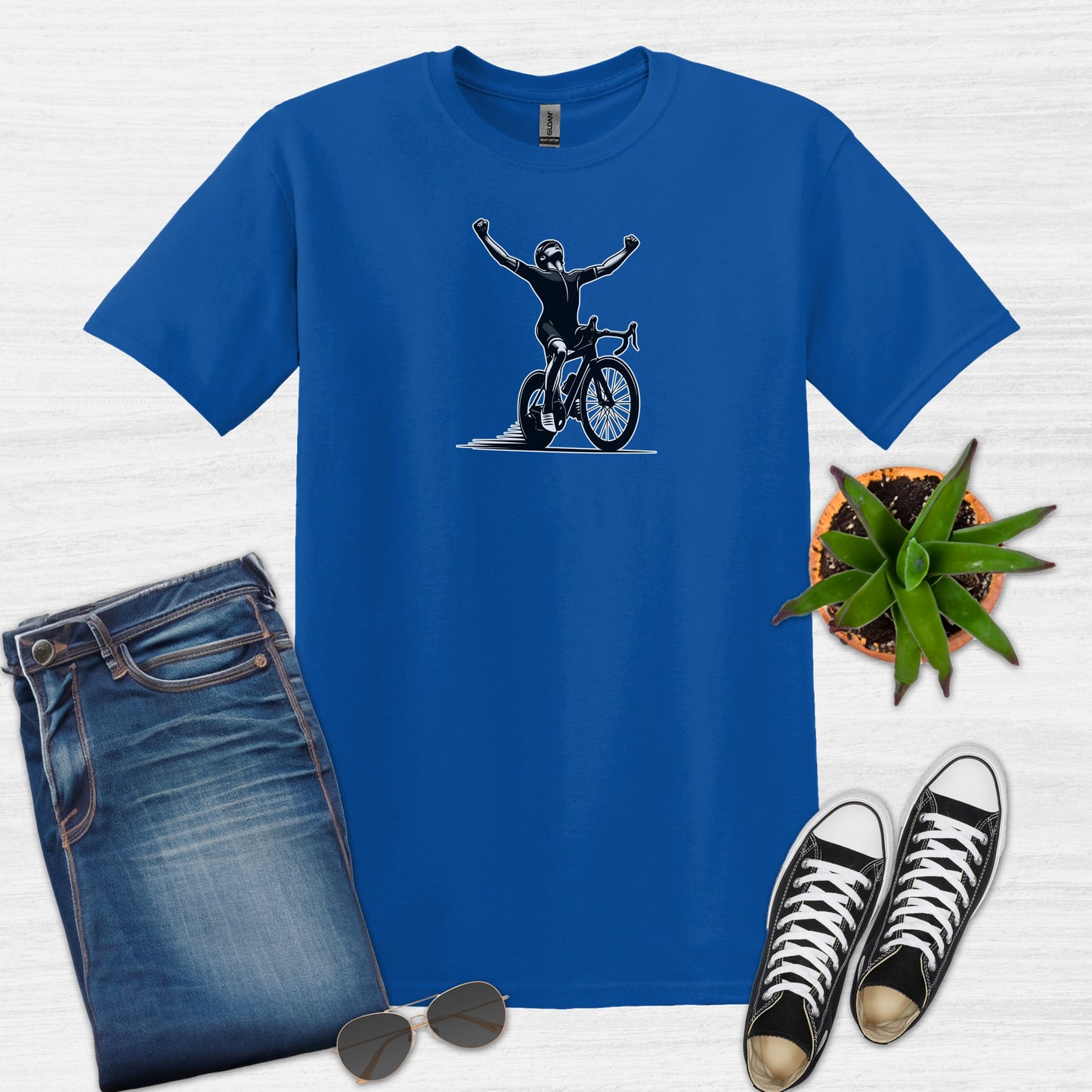 Bike Bliss Cyclist Victory Pose Bicycle T-Shirt for Men Royal Blue