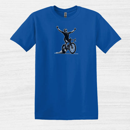Bike Bliss Cyclist Victory Pose Bicycle T-Shirt for Men Royal Blue 2