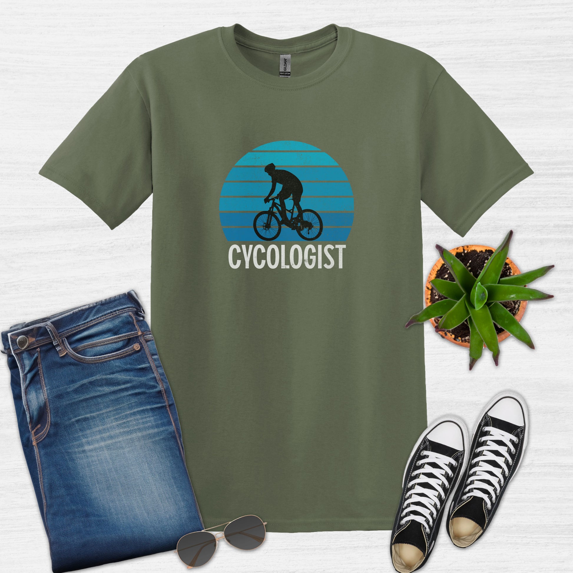 Bike Bliss Cycologist Bicycle T-Shirt for Men Vintage Style Military Green