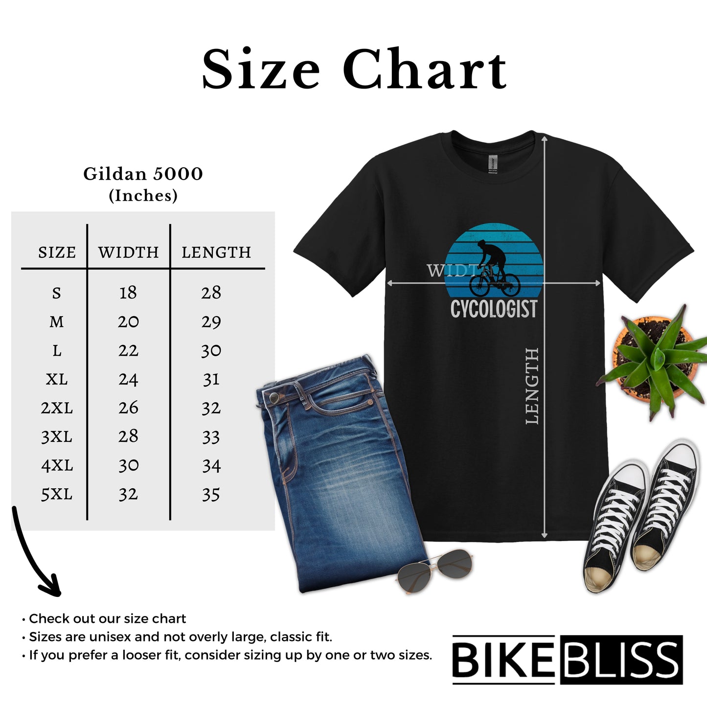 Bike Bliss Cycologist Bicycle T-Shirt for Men Vintage Style Size Chart