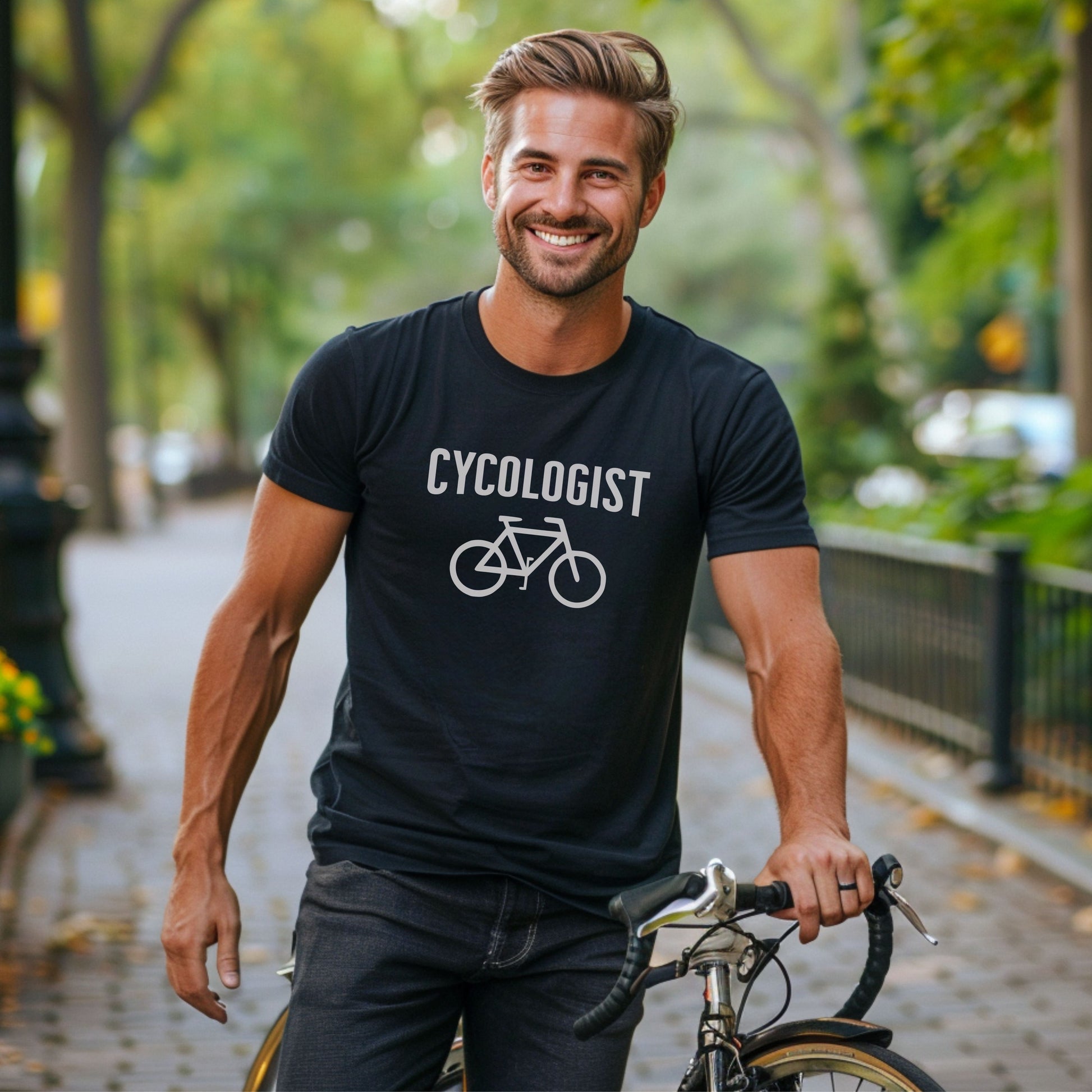 Bike Bliss Cycologist and Bike T-Shirt for Men Model and Bicycle