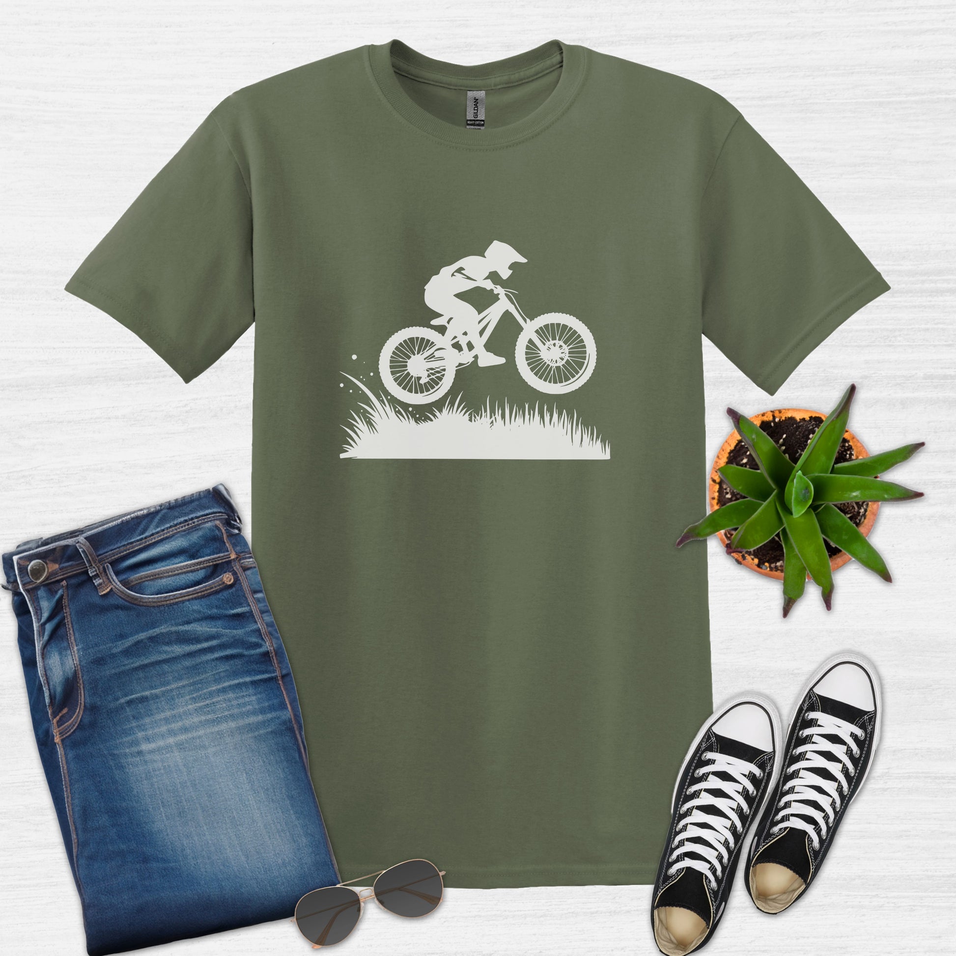 Bike Bliss Dirt Bike Jump Graphic T-Shirt for Men Military Green