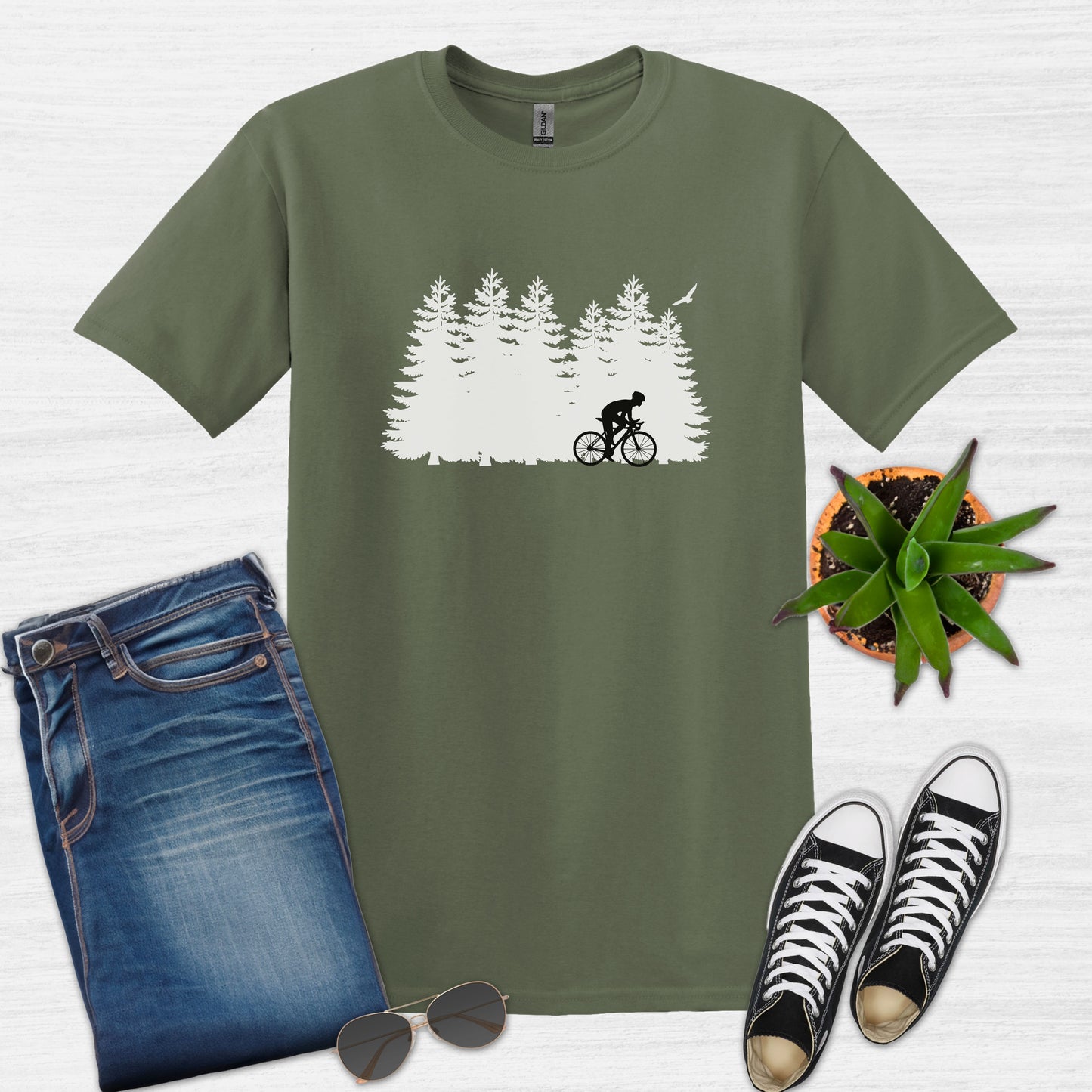 Bike Bliss Forest Silhouette Cycling Mountain T-Shirt for men Military Green