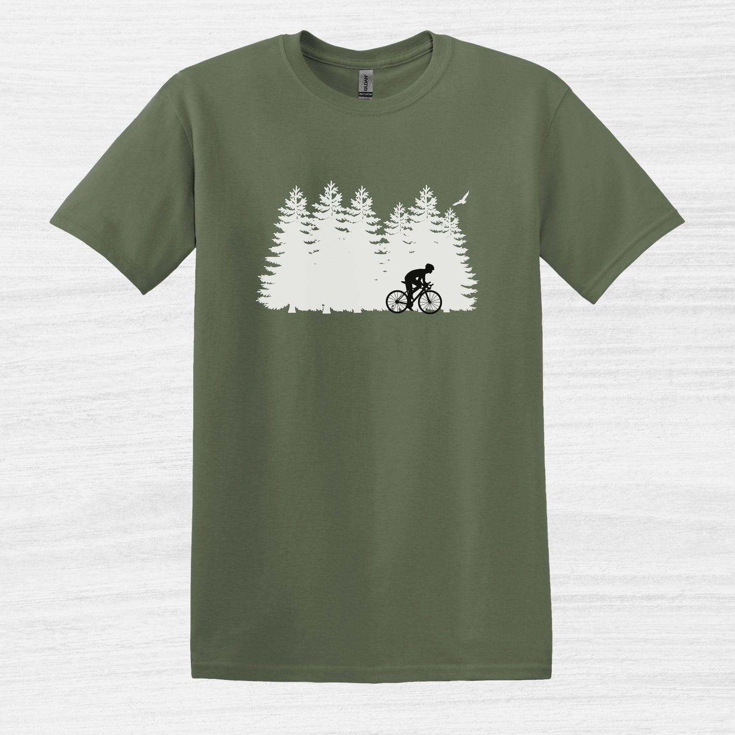 Bike Bliss Forest Silhouette Cycling Mountain T-Shirt for men Military Green 2