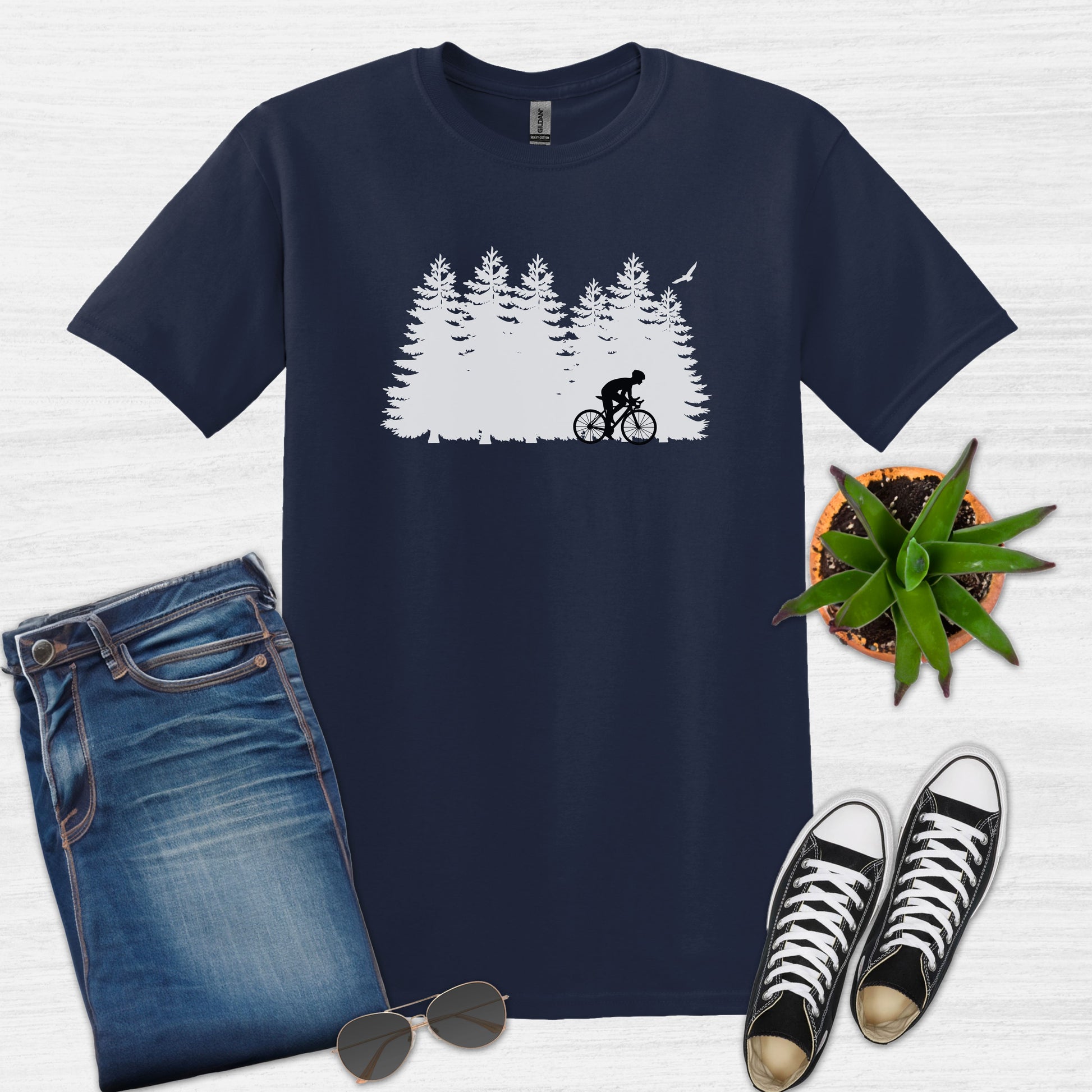 Bike Bliss Forest Silhouette Cycling Mountain T-Shirt for men Navy