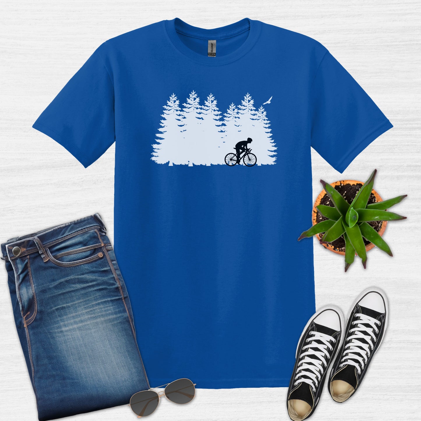 Bike Bliss Forest Silhouette Cycling Mountain T-Shirt for men Royal Blue