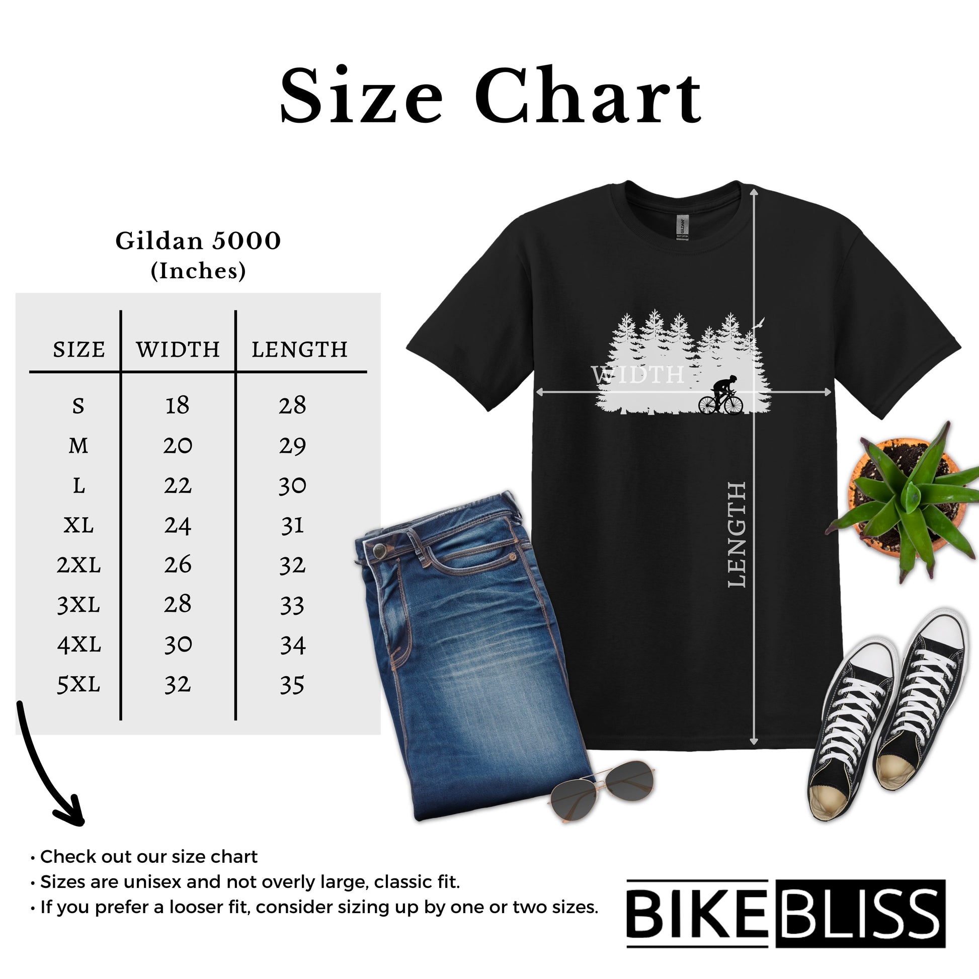 Bike Bliss Forest Silhouette Cycling Mountain T-Shirt for men Size Chart