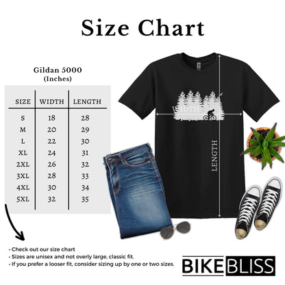 Bike Bliss Forest Silhouette Cycling Mountain T-Shirt for men Size Chart