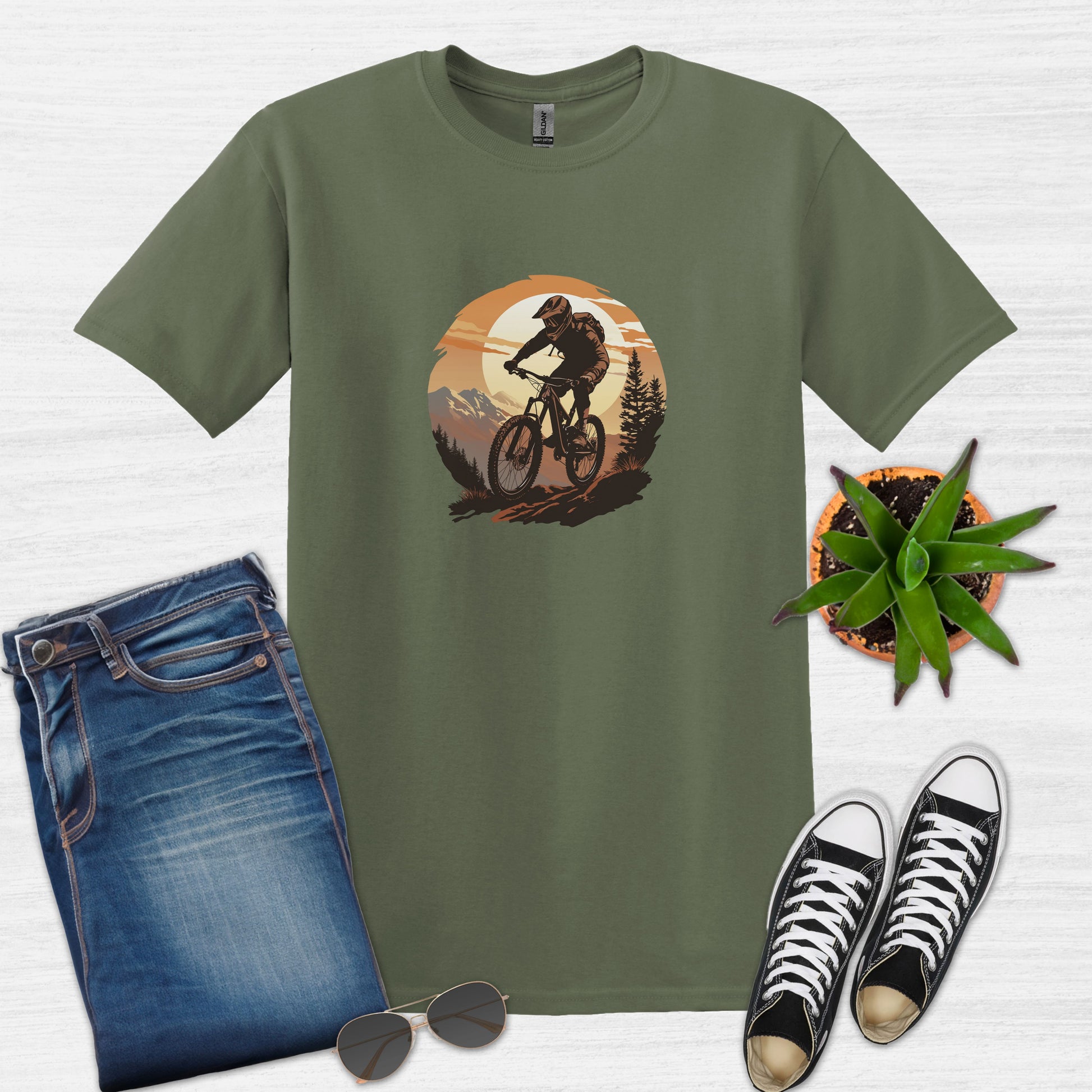 Bike Bliss Graphic Mountain Bike MTB T-Shirt for Men Military Green