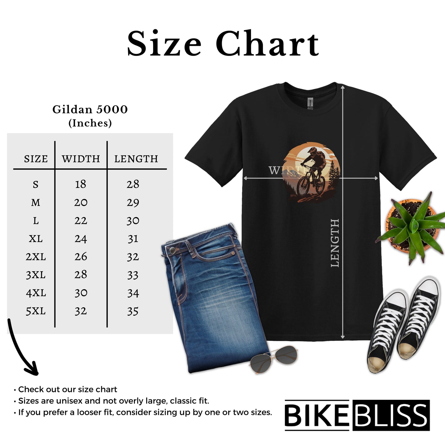 Bike Bliss Graphic Mountain Bike MTB T-Shirt for Men Size Chart
