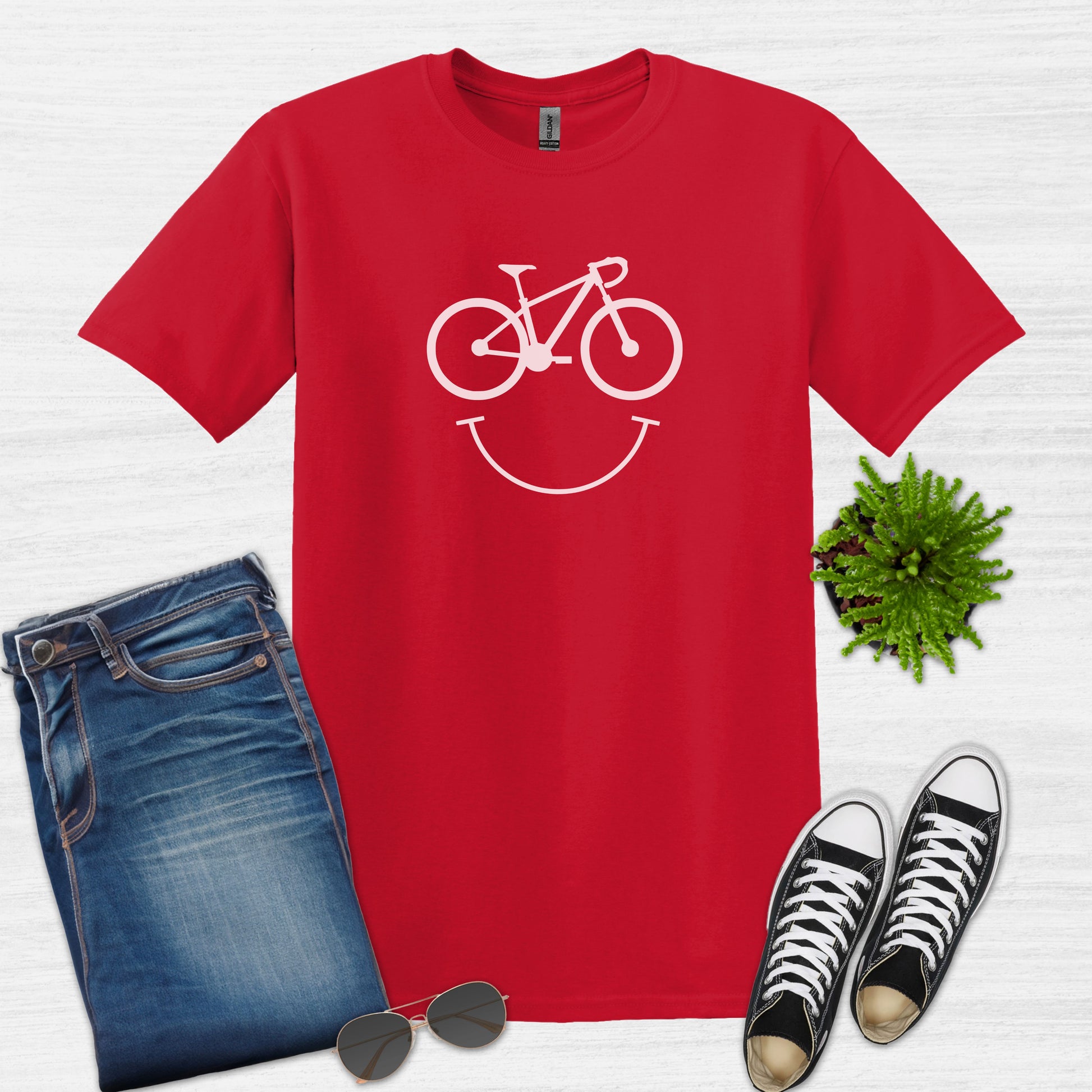 Bike Bliss Happy Mountain Bike T-Shirt for Men Outdoor Cycling Red