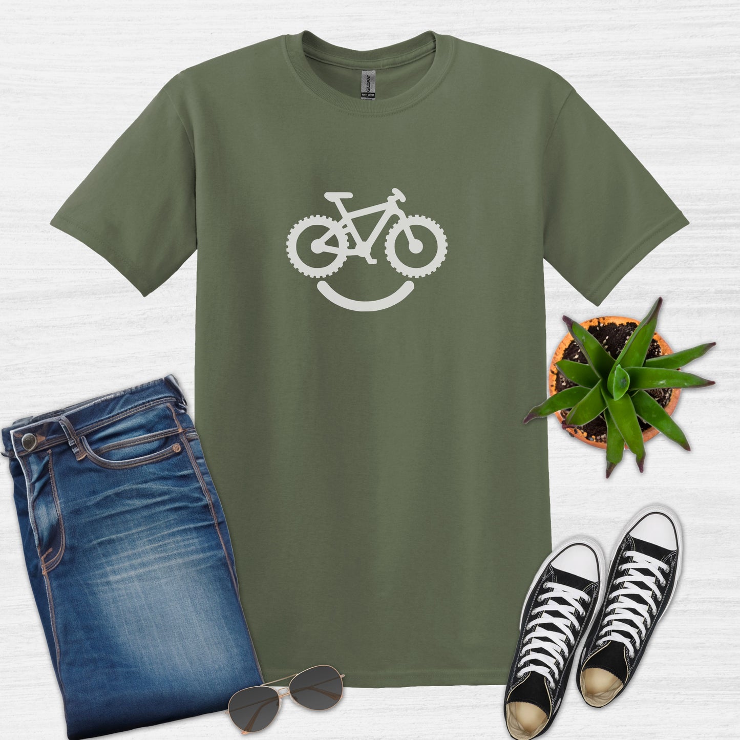 Bike Bliss Happy Mountain Bike T-Shirt for Outdoor Cycling for Men Military Green
