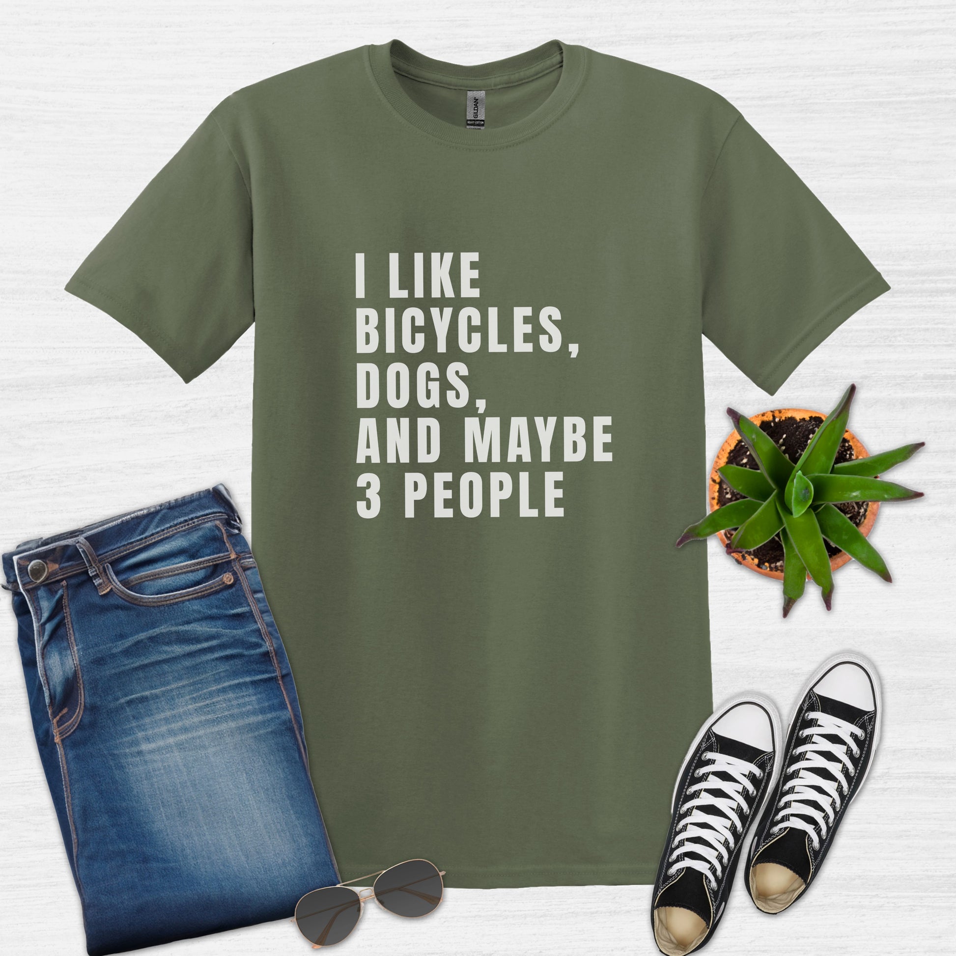 Bike Bliss I Like bicycles dogs and maybe 3 people T-Shirt for men Military Green