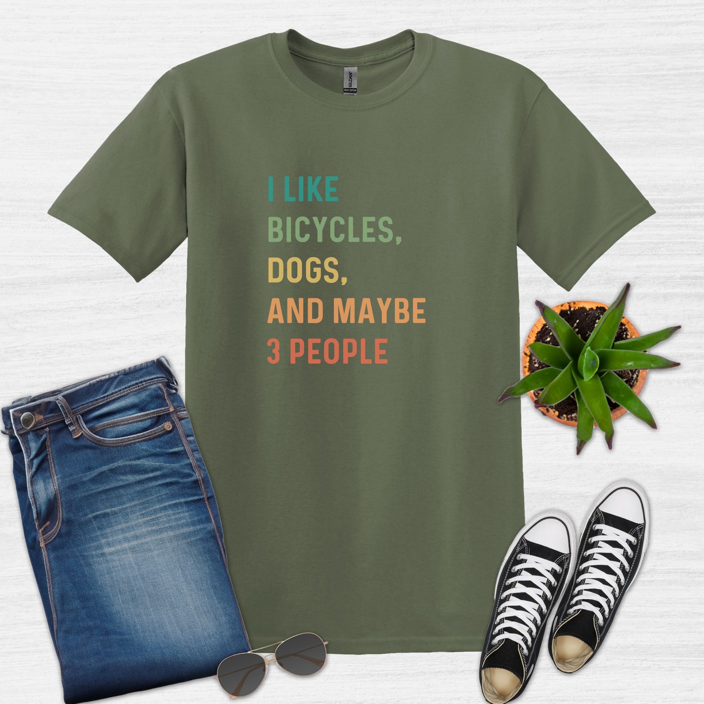 Bike Bliss I like bicycles dogs and maybe 3 people color Bike T-Shirt for Men Military Green