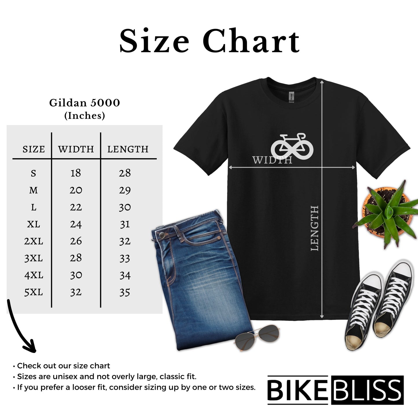 Bike Bliss Infinite Love Cycling T-Shirt for Men Size Chart