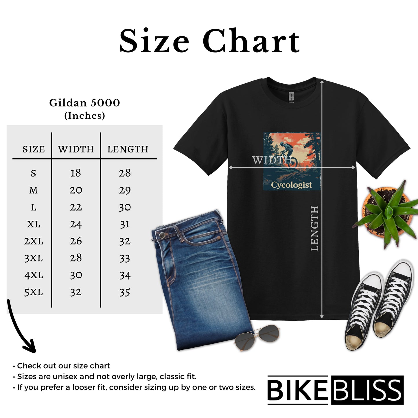 Bike Bliss Men Mountain Bike T-Shirt Cycologist Print Black Size Chart