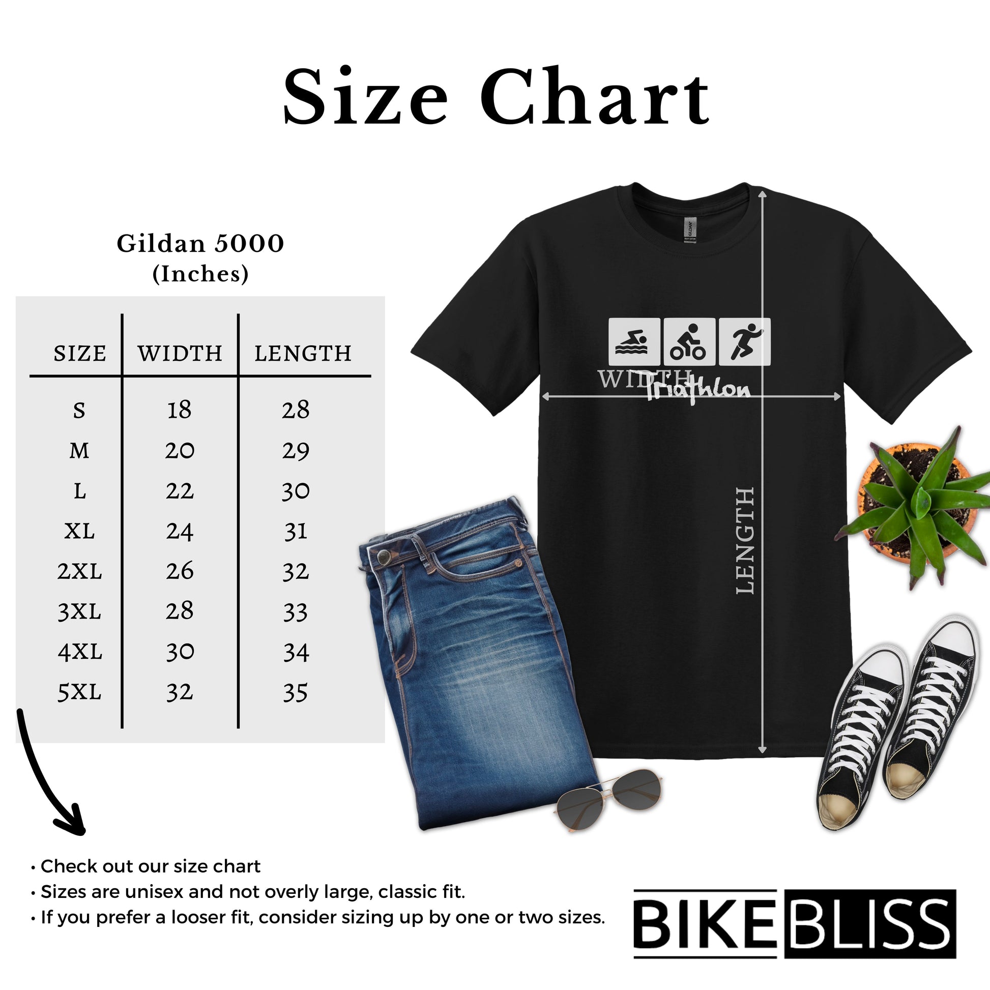 Bike Bliss Swim Bike Run Icons Triathlon T-Shirt for men Size Chart