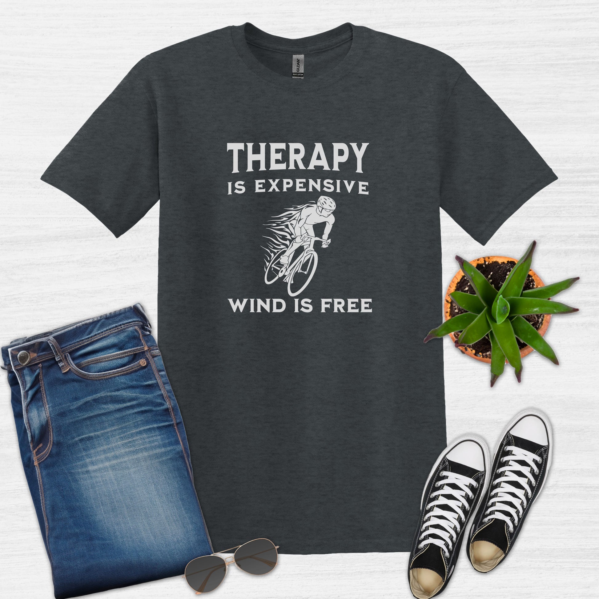 Bike Bliss Therapy Is Expensive Wind Is Free Cycling Bicycle T-Shirt for men Dark Heather