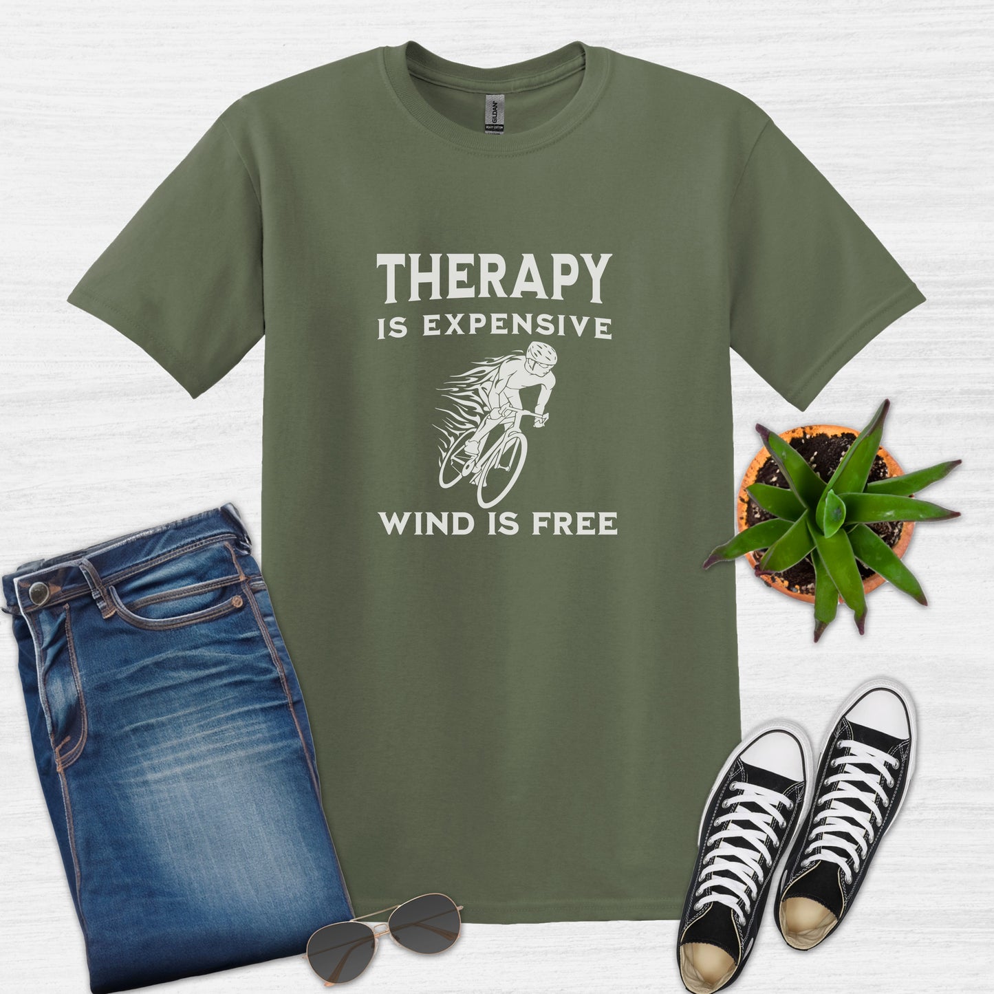 Bike Bliss Therapy Is Expensive Wind Is Free Cycling Bicycle T-Shirt for men Military Green