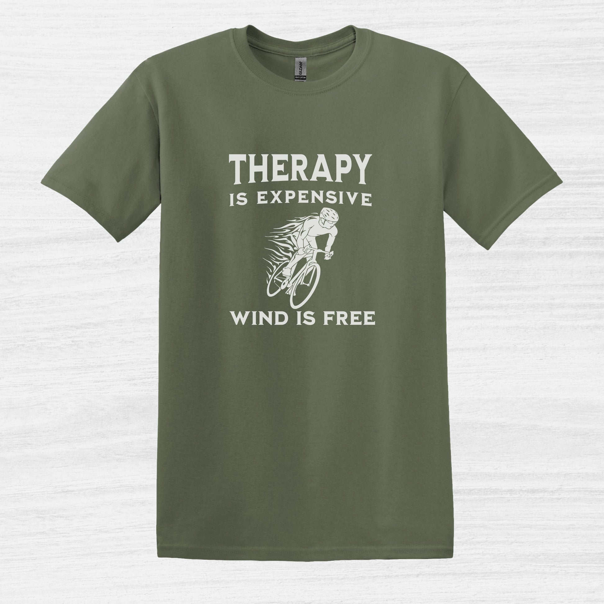 Bike Bliss Therapy Is Expensive Wind Is Free Cycling Bicycle T-Shirt for men Military Green 2