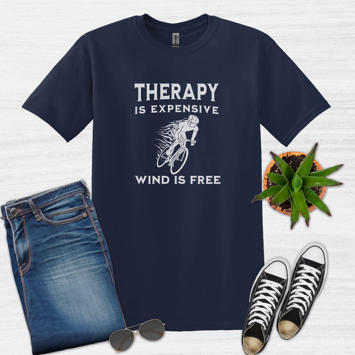 Bike Bliss Therapy Is Expensive Wind Is Free Cycling Bicycle T-Shirt for men Navy