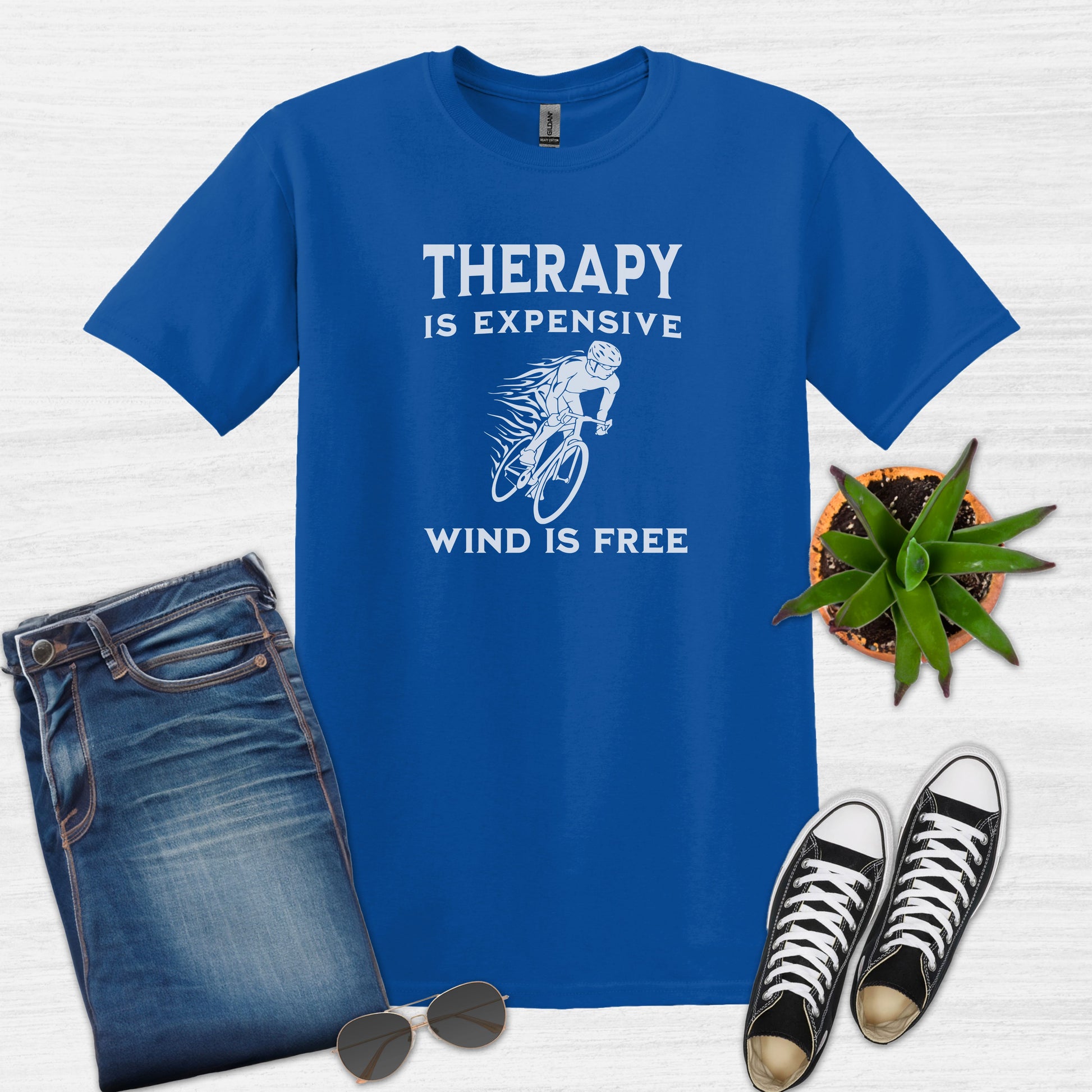 Bike Bliss Therapy Is Expensive Wind Is Free Cycling Bicycle T-Shirt for men Royal Blue