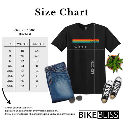 Bike Bliss Vintage Rainbow Colors Bicycle Graphic T-Shirt for men Size Chart