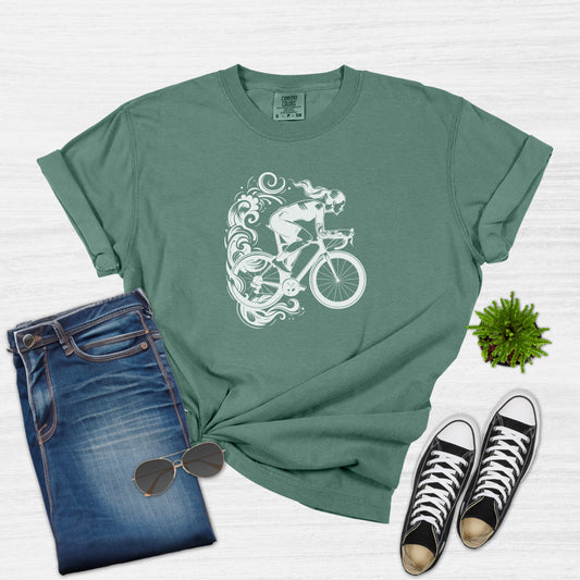 Elegant Bike Rider With Swirls T-Shirt for Women