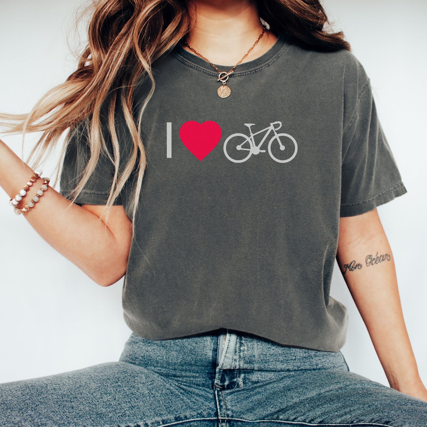 I Love Cycling Bike and Heart Graphic T-Shirt for Women