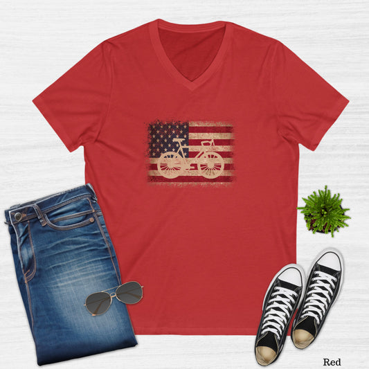 Vintage Bicycle American Flag V-Neck T-Shirt