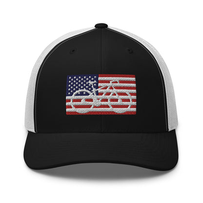 Bicycle and American Flag Embroidered Trucker Hat