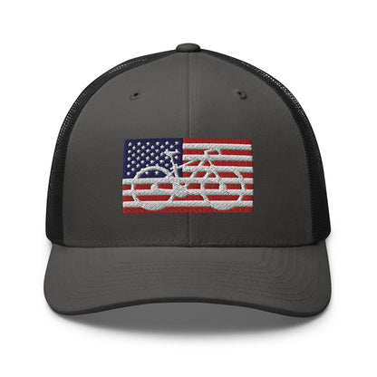 Bicycle and American Flag Embroidered Trucker Hat