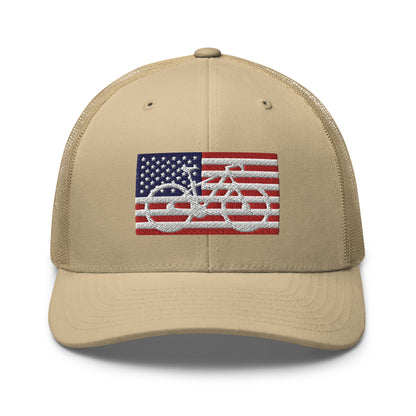 Bicycle and American Flag Embroidered Trucker Hat