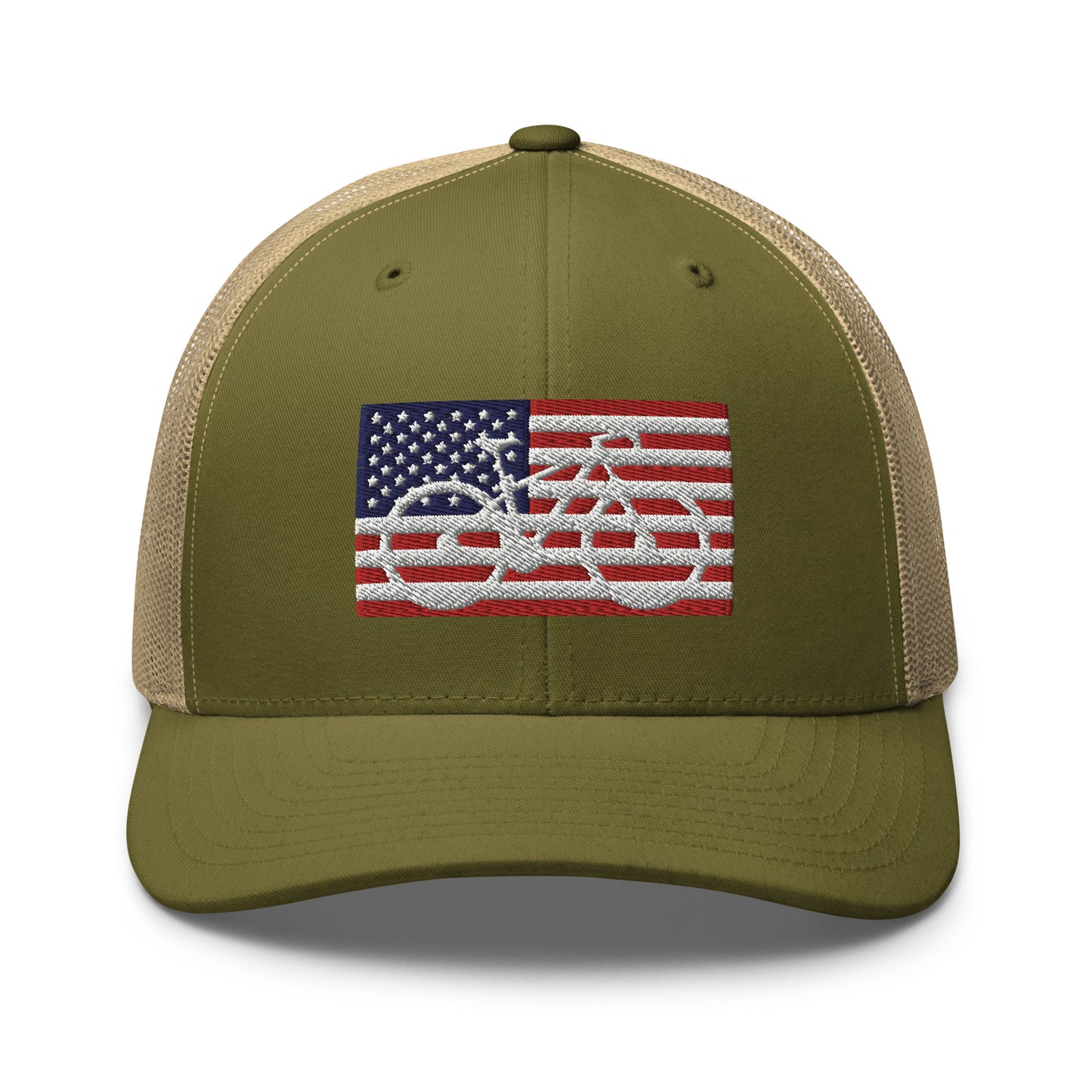 Bicycle and American Flag Embroidered Trucker Hat