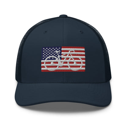 Bicycle and American Flag Embroidered Trucker Hat