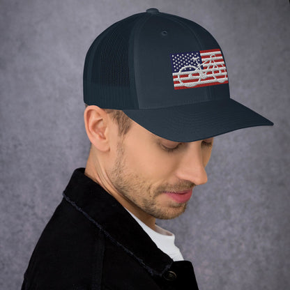 Bicycle and American Flag Embroidered Trucker Hat