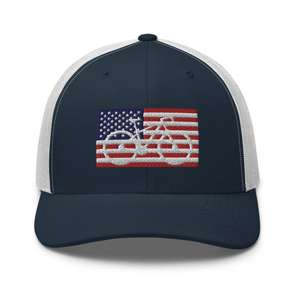 Bicycle and American Flag Embroidered Trucker Hat