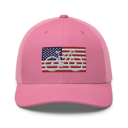 Bicycle and American Flag Embroidered Trucker Hat