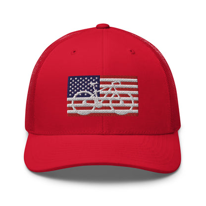 Bicycle and American Flag Embroidered Trucker Hat