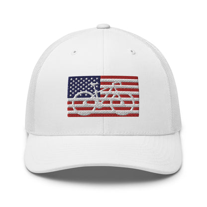 Bicycle and American Flag Embroidered Trucker Hat